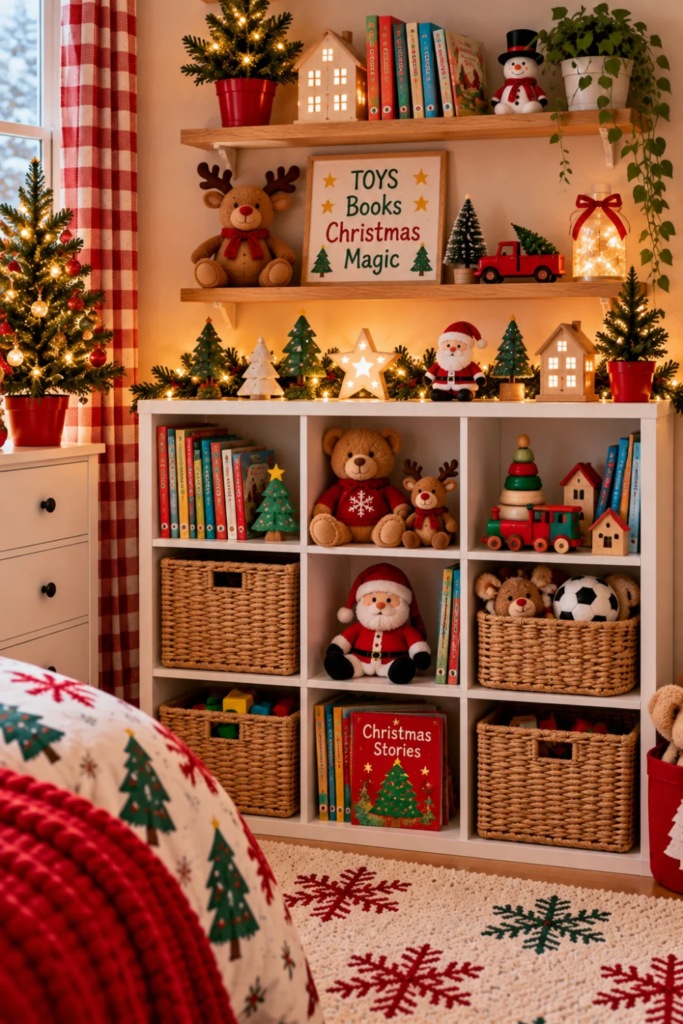 Organized kids toy shelf decorated for Christmas with books, stuffed animals, festive ornaments, and storage baskets.