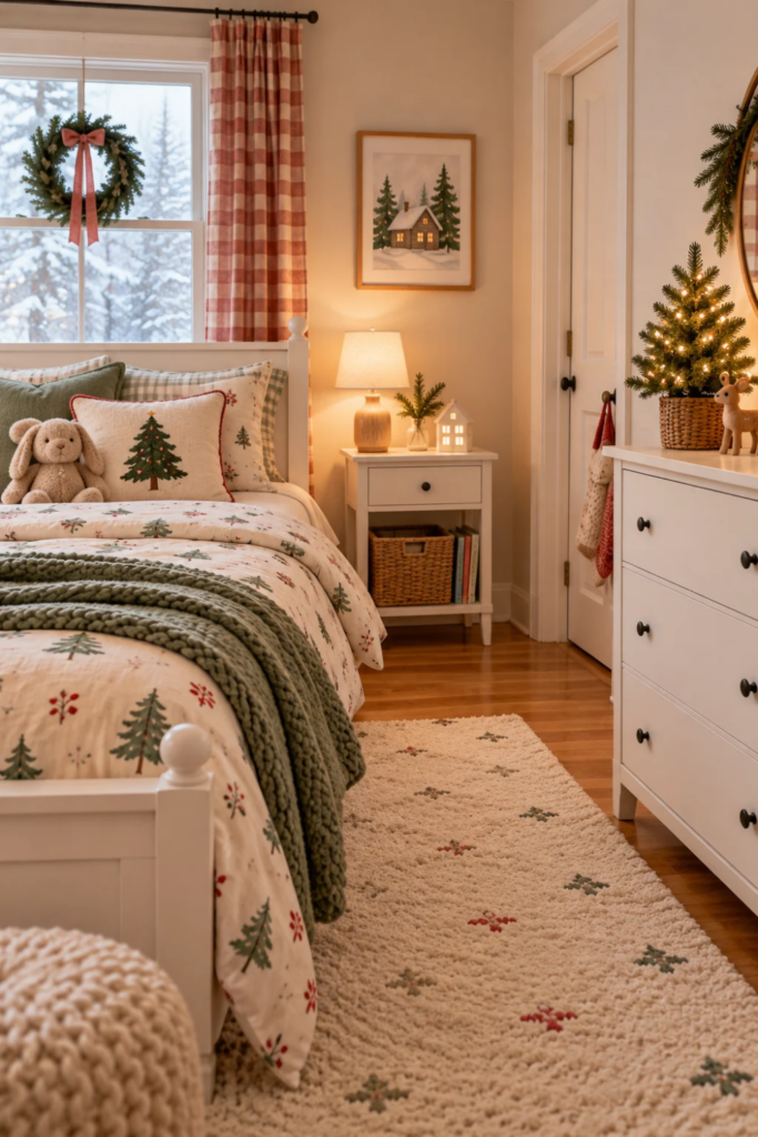 Small kids Christmas bedroom with soft holiday colors, simple festive bedding, and minimal seasonal decorations.
