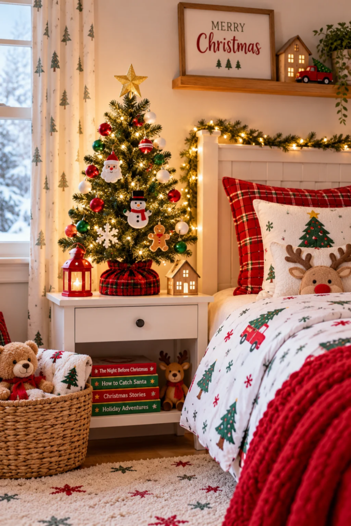 Kids Christmas bedroom with red plaid pillows, a Christmas tree pillow, and a small decorated tree.