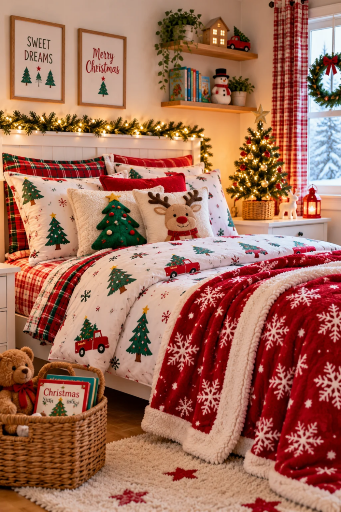Cozy kids Christmas bedding with a holiday tree duvet, festive pillows, and a soft red snowflake blanket.