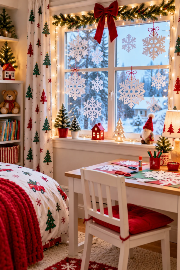 Handmade white paper snowflakes decorating a kids bedroom window beside a Christmas craft table.