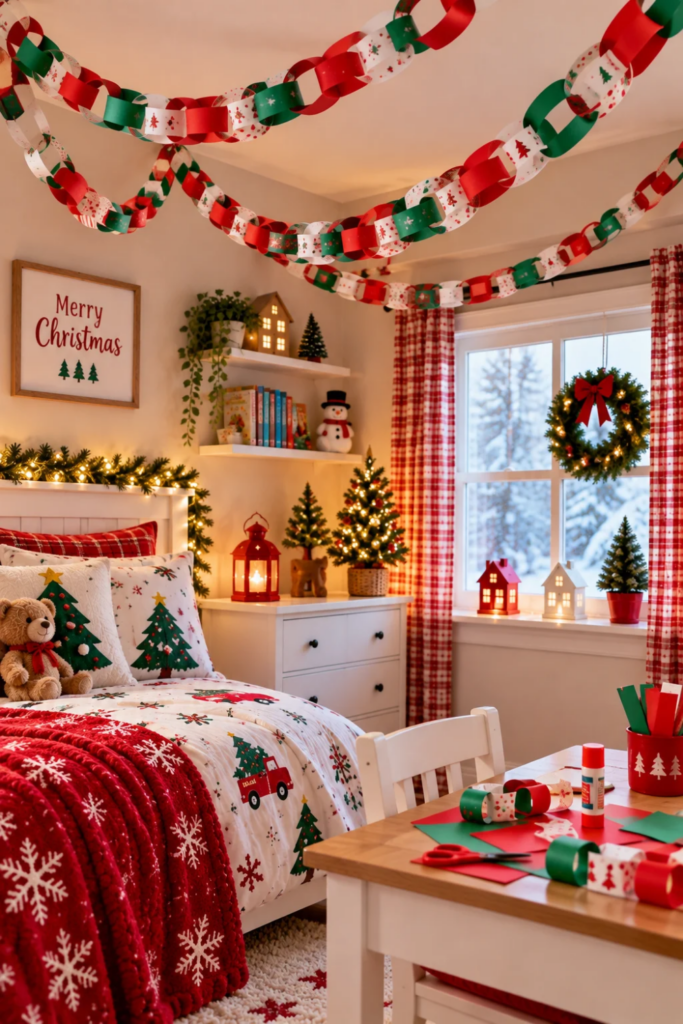 Red, green, and white handmade paper Christmas chains decorating a cheerful kids bedroom.