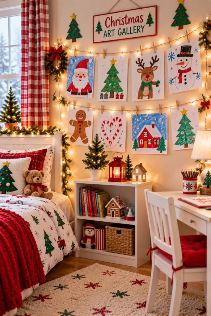 Children's handmade Christmas drawings displayed on a bedroom wall with Santa, reindeer, snowman, and tree artwork.