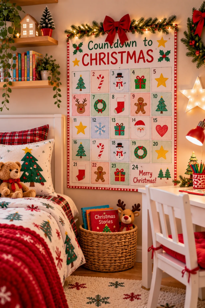 Colorful handmade Christmas countdown calendar displayed on a kids bedroom wall beside a small craft desk.