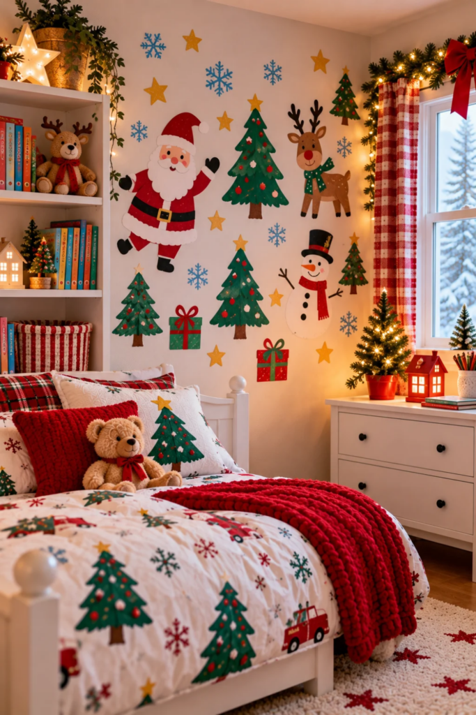 Colorful Santa, reindeer, snowman, and Christmas tree wall decals decorating a cozy children's bedroom.