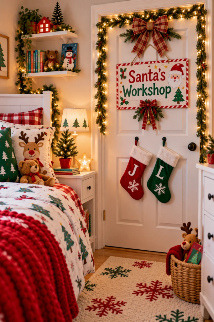 Kids bedroom door decorated with a Santa's Workshop Christmas sign, festive greenery, and hanging stockings.