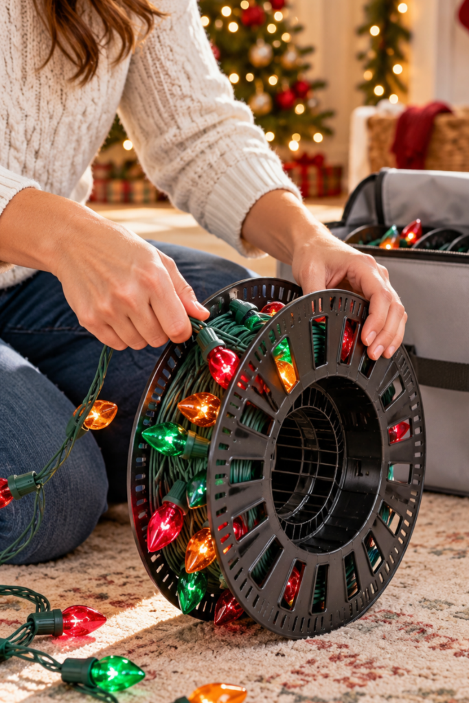 A person wraps a strand of Christmas lights neatly around a storage reel.