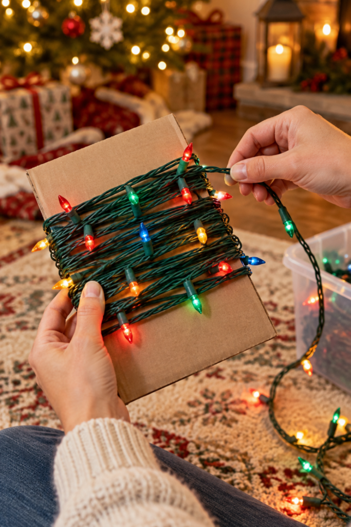 Hands gently winding a strand of Christmas lights around a piece of cardboard.