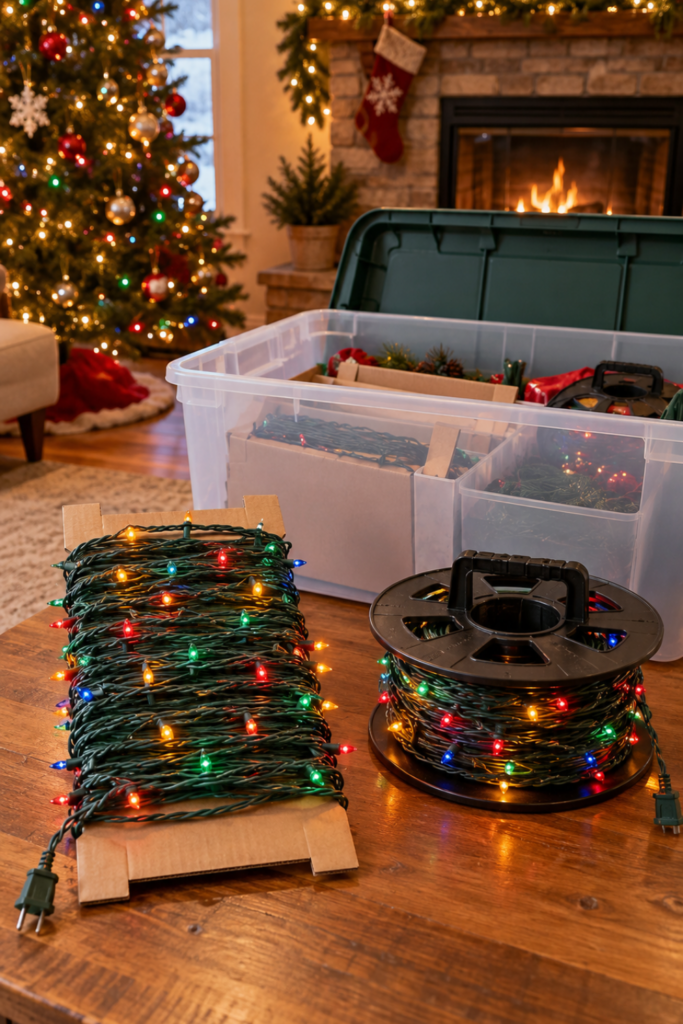 Christmas lights neatly wrapped around cardboard and a storage reel beside an open bin.