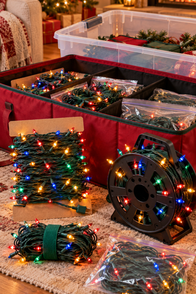 Different Christmas light strands neatly wrapped or arranged for storage.