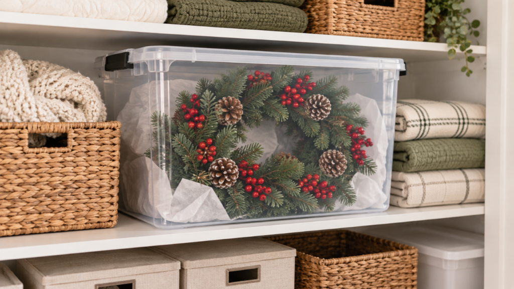 A Christmas wreath stored in a clear container on a closet shelf.