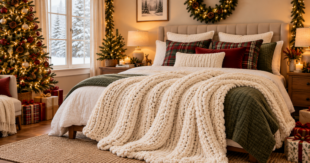 A bedroom decorated for Christmas with festive bedding, evergreen accents, lights, and wrapped gifts.