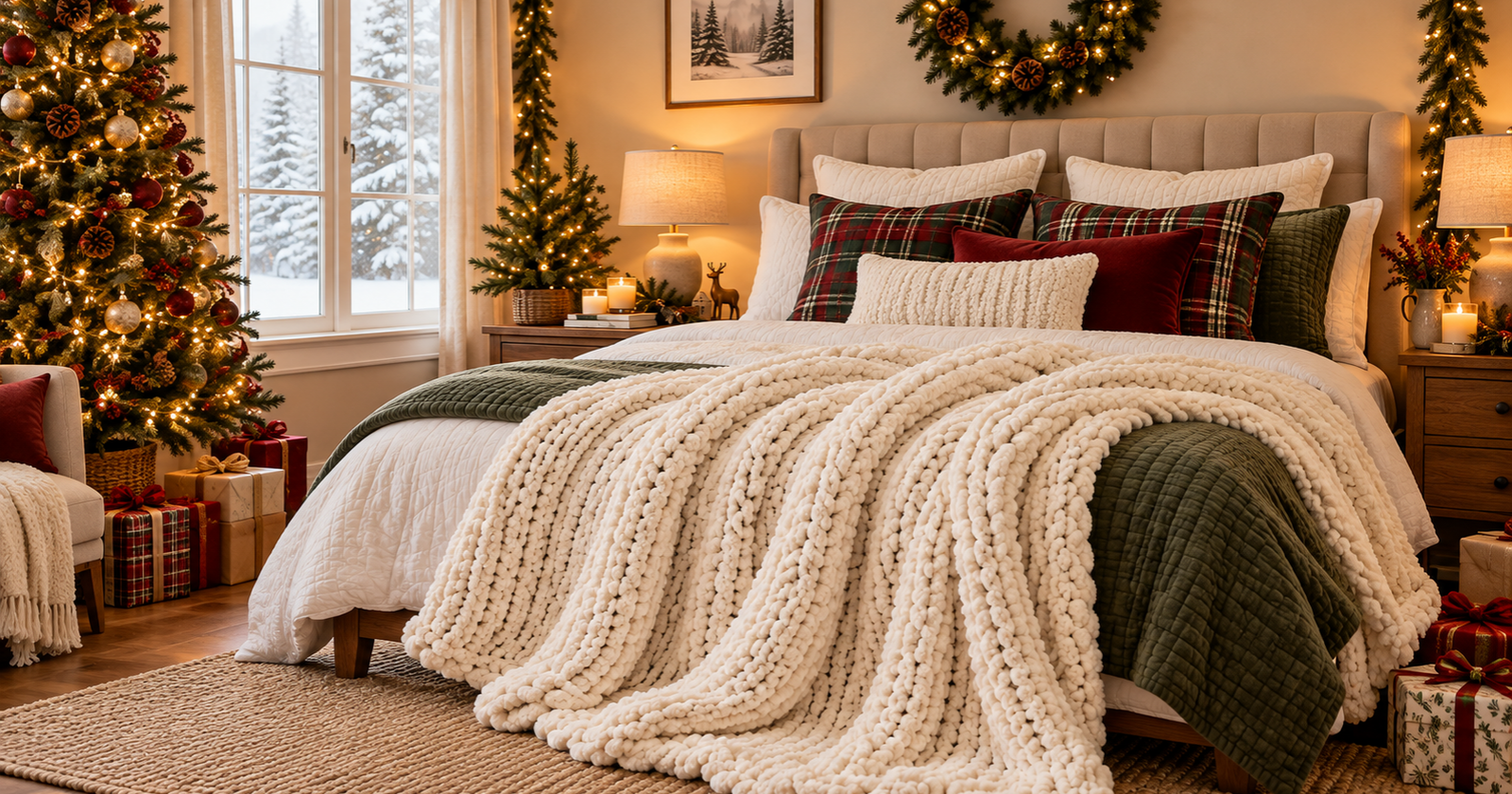 A bedroom decorated for Christmas with festive bedding, evergreen accents, lights, and wrapped gifts.