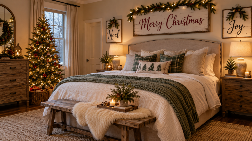 cozy Christmas bedroom decorated with tasteful holiday wall signs and simple festive accents. Show a realistic bedroom with neutral bedding, soft throw pillows, a small Christmas tree or greenery, warm lighting, and a few carefully placed Christmas signs such as “Merry Christmas,” “Noel,” and “Joy.” Keep the room uncluttered and calm, with the signs as the main visual theme. Style it like a real home, not a showroom.
