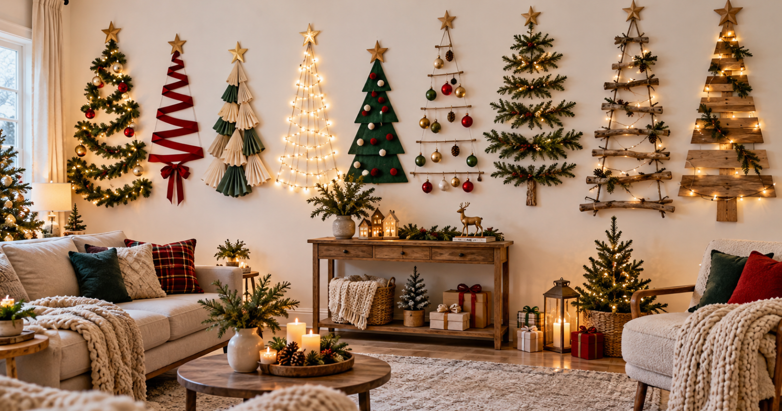 Easy Wall Christmas Tree Ideas Using Garland, Lights, And Wood