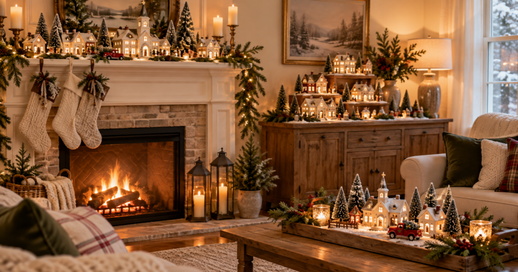 12 Christmas Village Display Ideas for Mantels, Shelves, and Tables