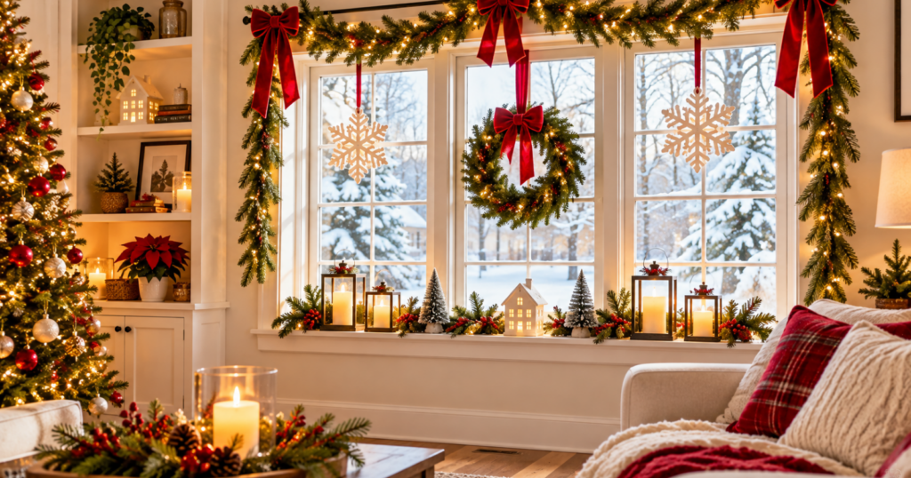Indoor Christmas Window Decor Ideas With Lights, Wreaths, And Paper Stars