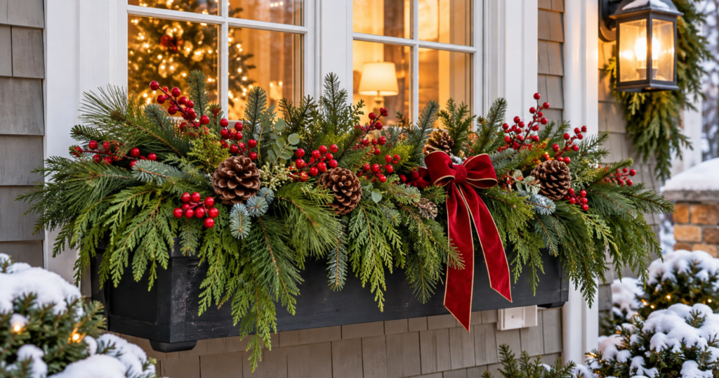 Christmas Window Box Ideas With Greenery, Berries, And Lights