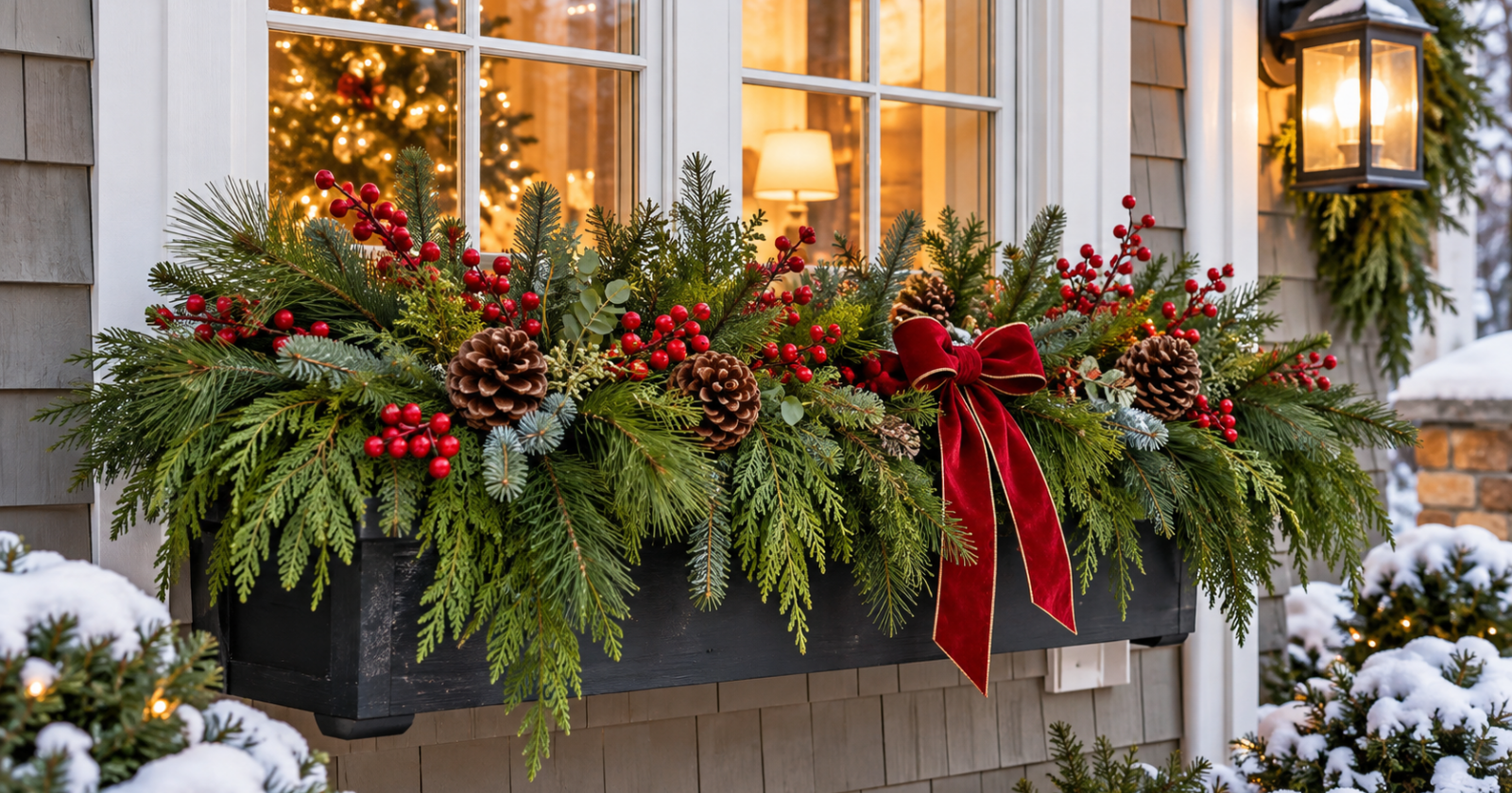 Christmas Window Box Ideas With Greenery, Berries, And Lights