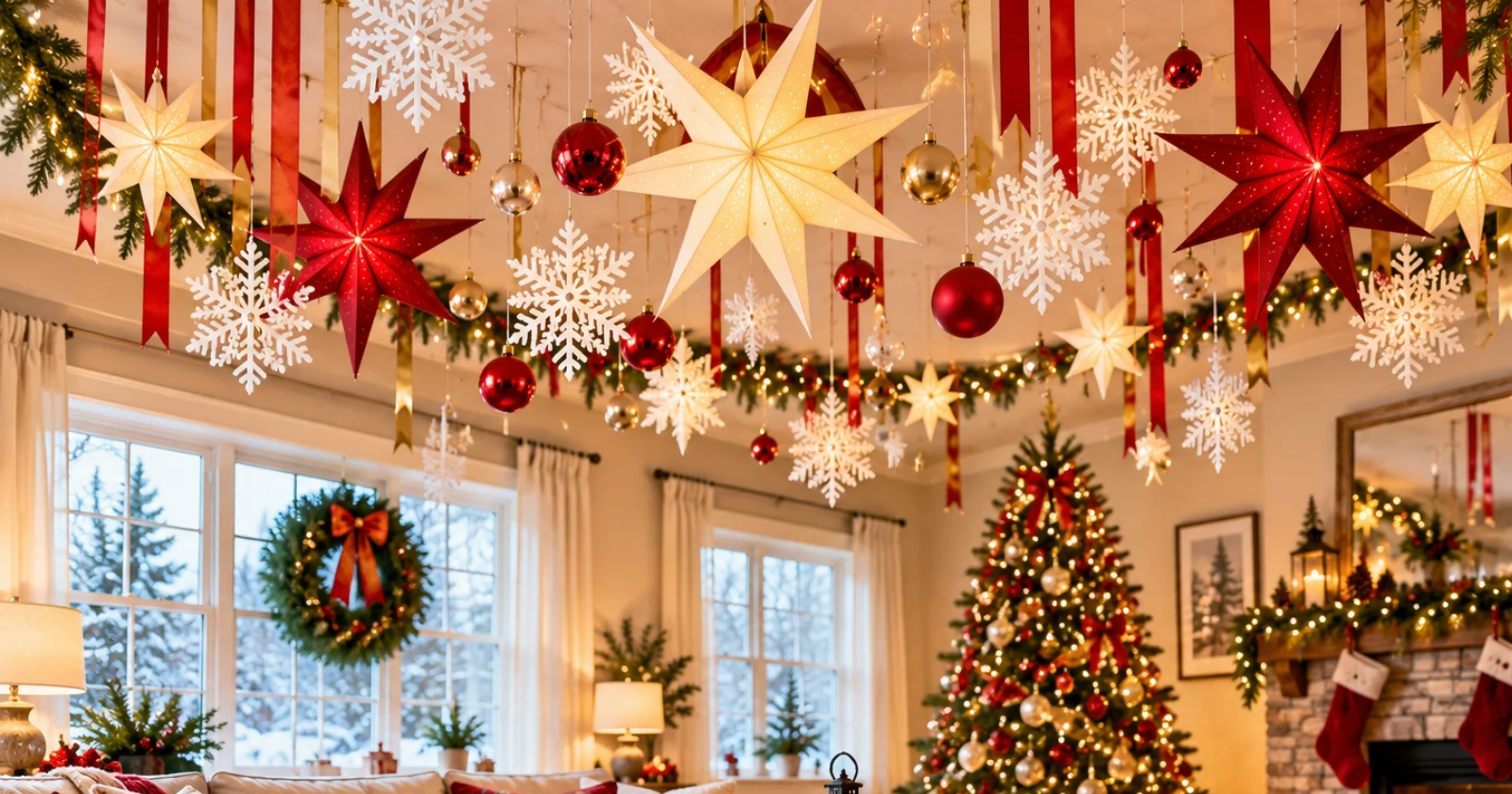 Easy Christmas Ceiling Decor Ideas Using Paper Stars And Ornaments