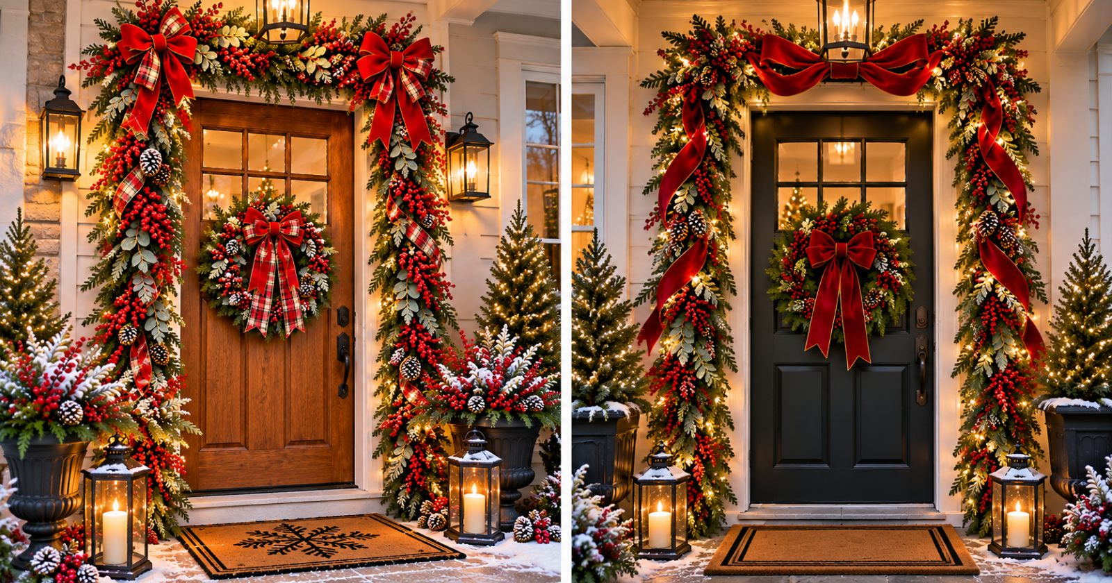 Side-by-side wooden and black front doors with Christmas garland, red velvet bows, plaid ribbon, red ornaments, and glowing lights.