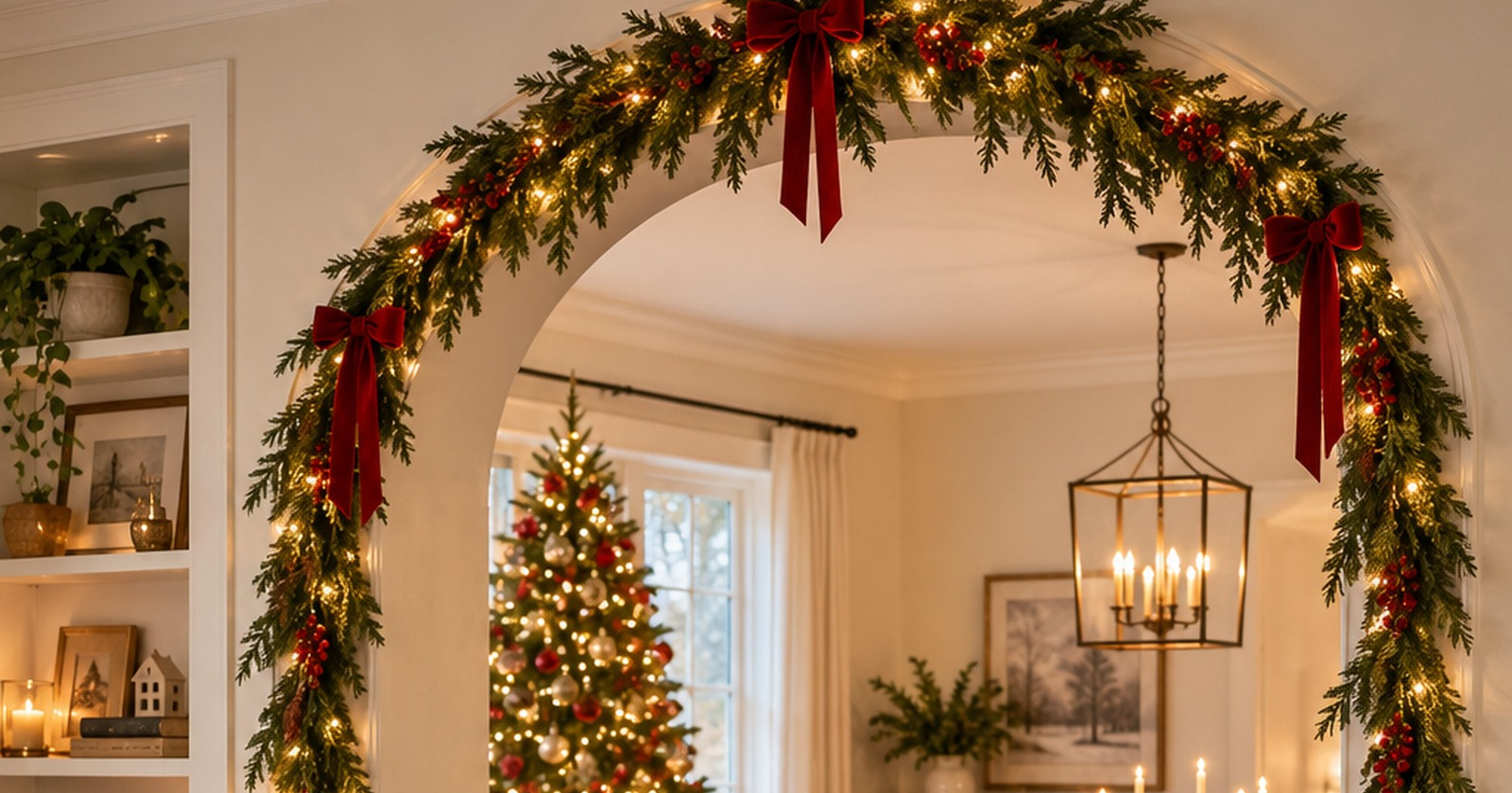 Cozy indoor Christmas archway decorated with evergreen garland, red velvet bows, and warm white lights overlooking a festive dining room.