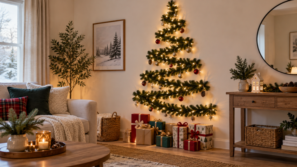 A zigzag garland Christmas tree hangs on a wall above wrapped gifts.