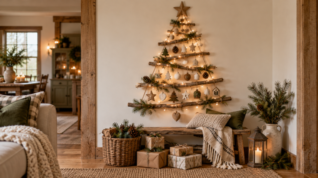 A wall-mounted Christmas tree made from twine-tied branches and simple ornaments.