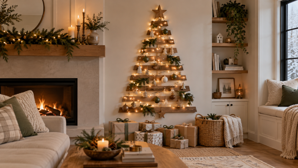 A decorated wooden slat Christmas tree mounted on a living-room wall.