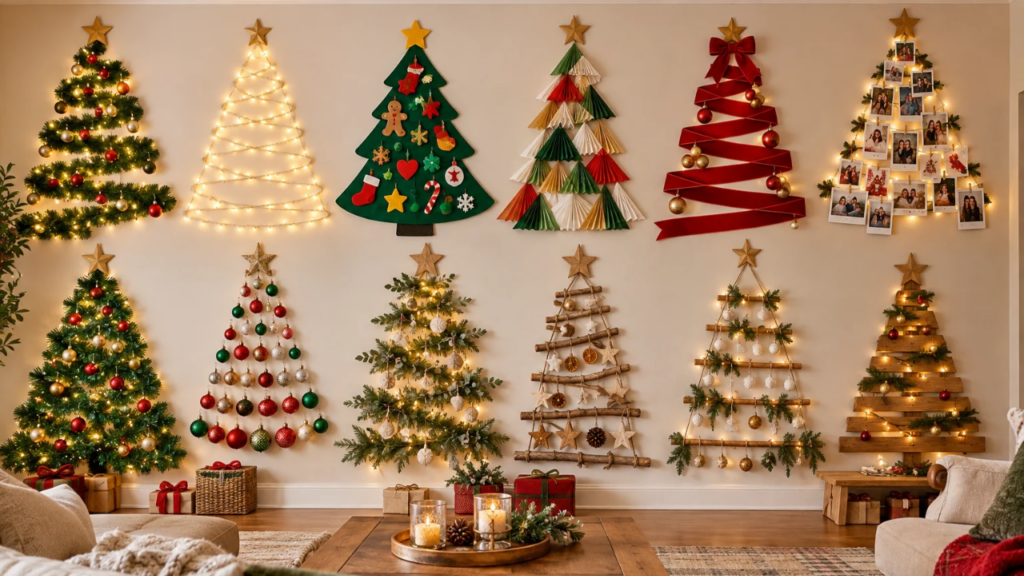 Twelve different Christmas tree decorations arranged on a living room wall.