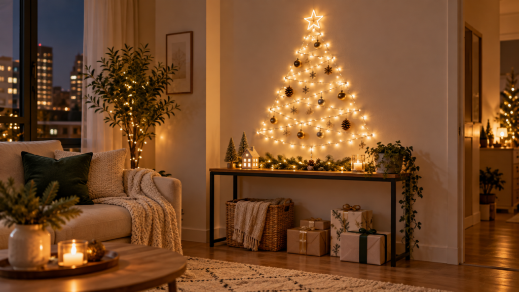 A warm LED light Christmas tree arranged on a living-room wall above a console and wrapped gifts.