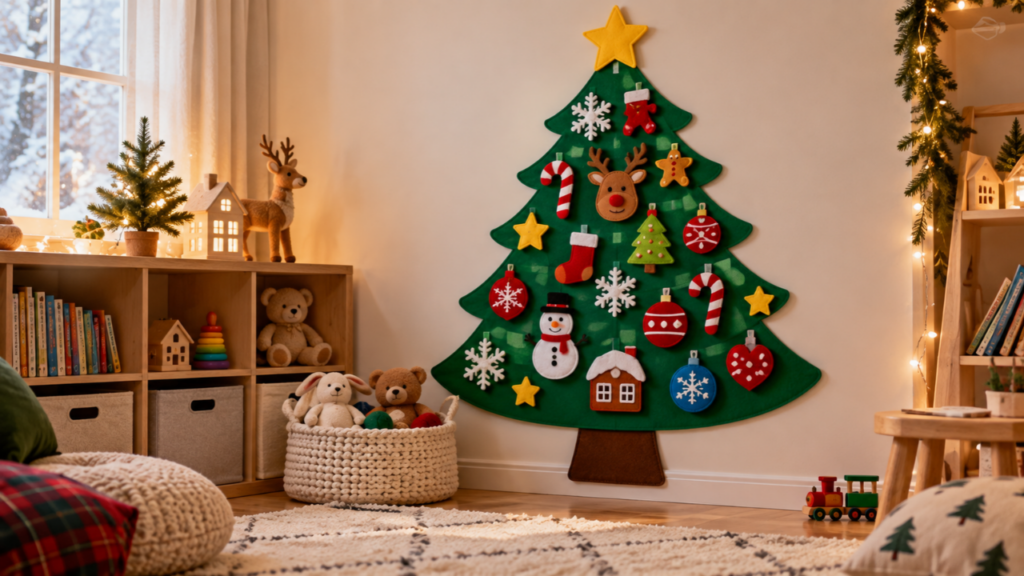 A parent and child decorate a felt Christmas tree on a living-room wall.