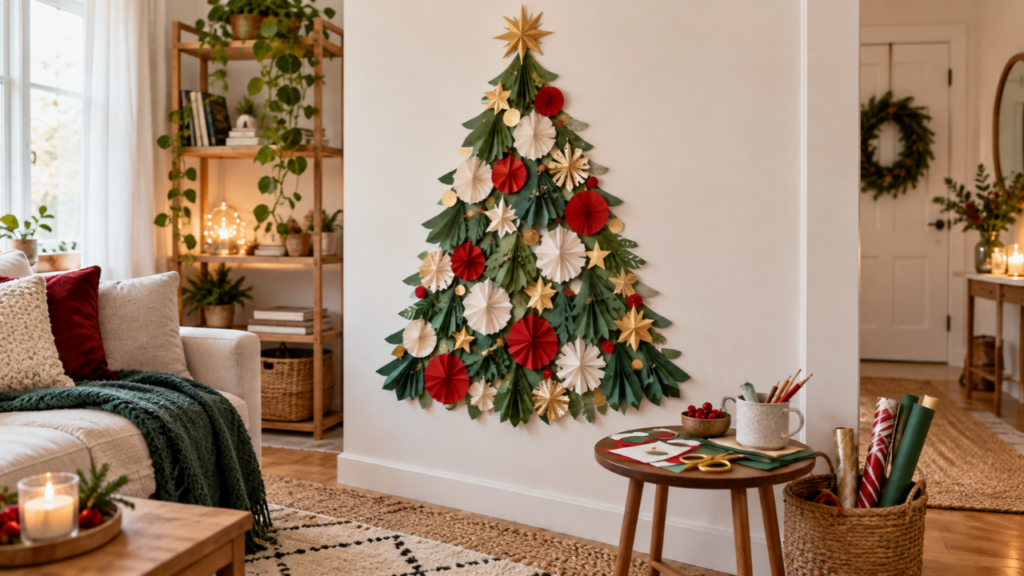 A layered paper Christmas tree decoration hangs on a wall.