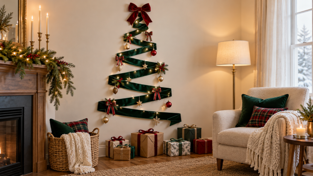 A Christmas tree shape made from ribbon decorates a living room wall.