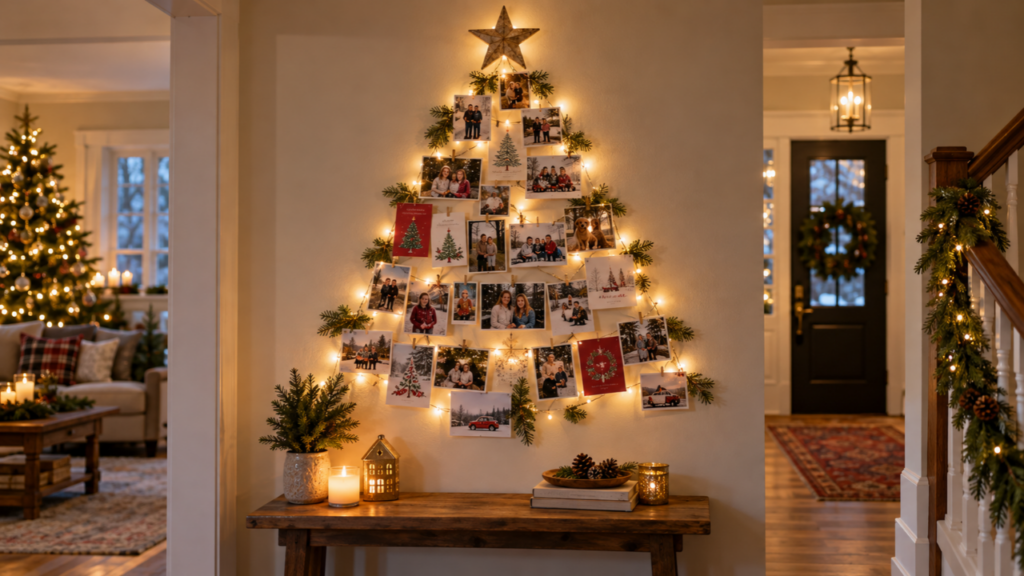 Family photos and holiday cards arranged in the shape of a Christmas tree on a living-room wall.