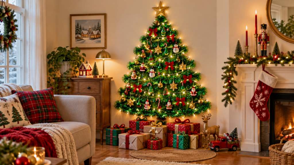 A green tinsel Christmas tree decorated with ornaments and lights hangs on a living-room wall.