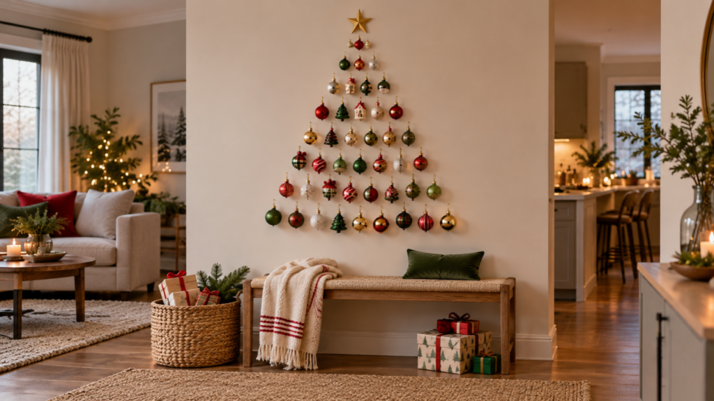 A small ornament-decorated Christmas tree arranged on a wall.