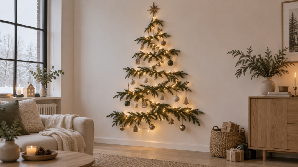Sparse evergreen branches arranged in a Christmas tree shape on a wall, with small ornaments and gifts below.