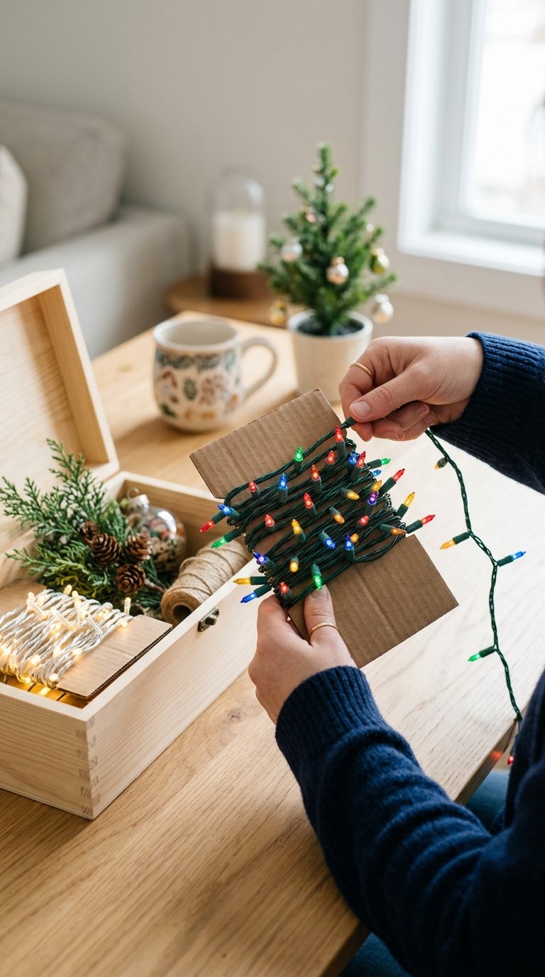 Hands wrap a strand of Christmas lights around a piece of cardboard beside an open storage box.