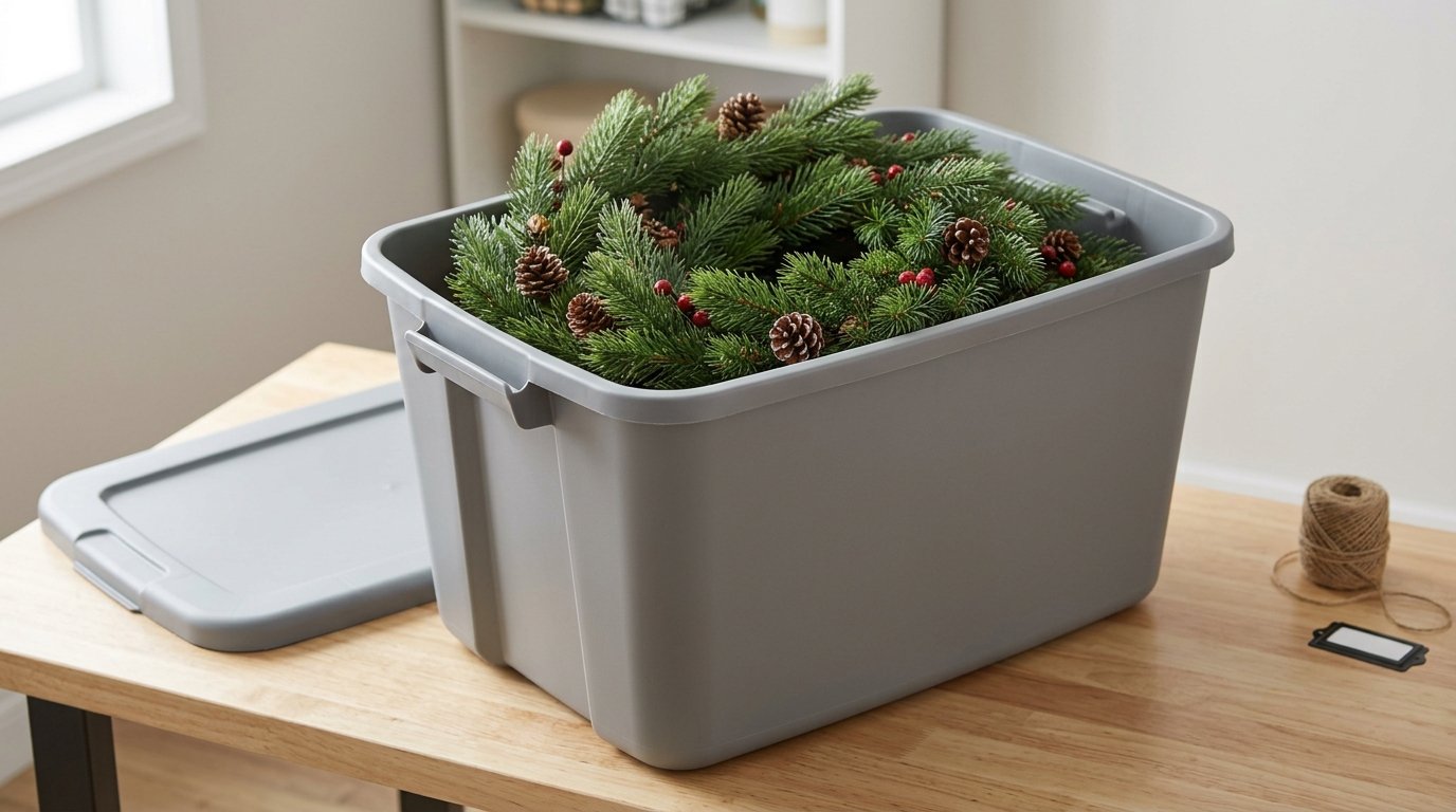 Loosely coiled Christmas garland inside a large open storage tote.