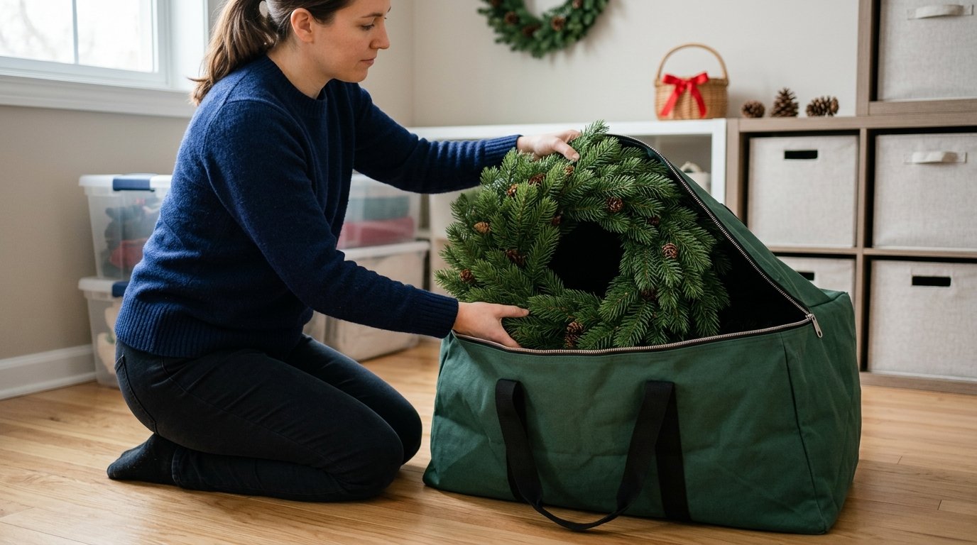 A person placing a coiled Christmas garland into a storage bag.
