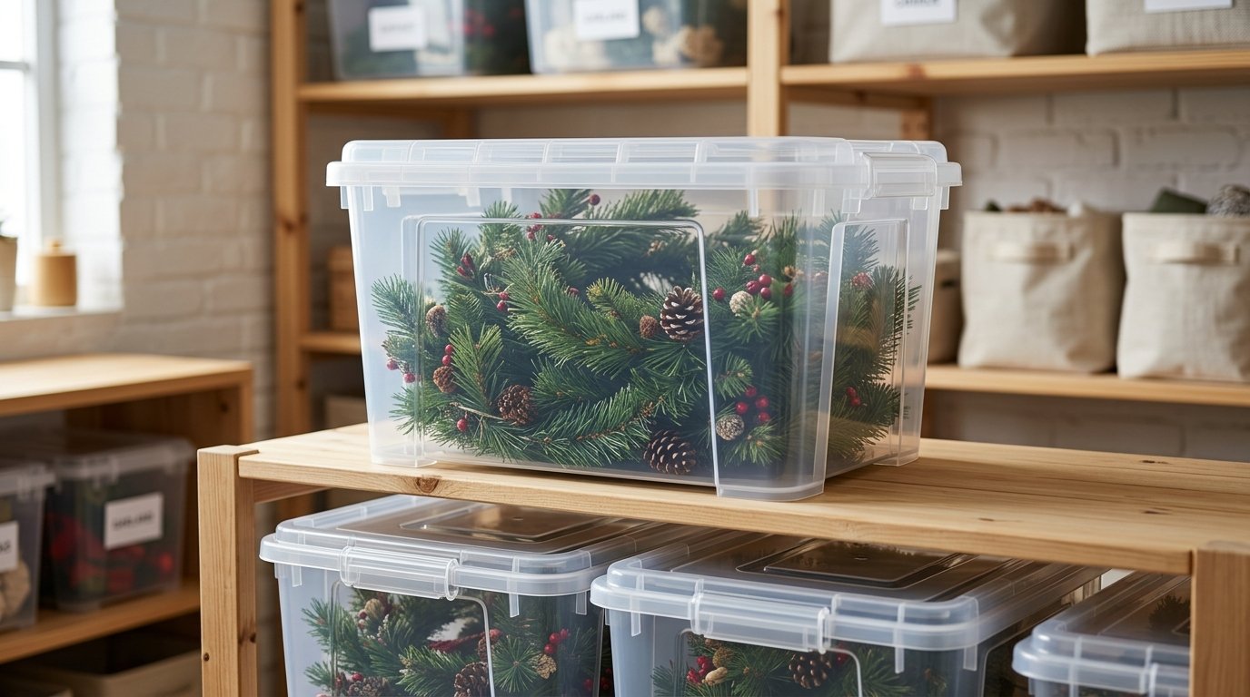 A clear storage bin holds a neatly coiled Christmas garland.