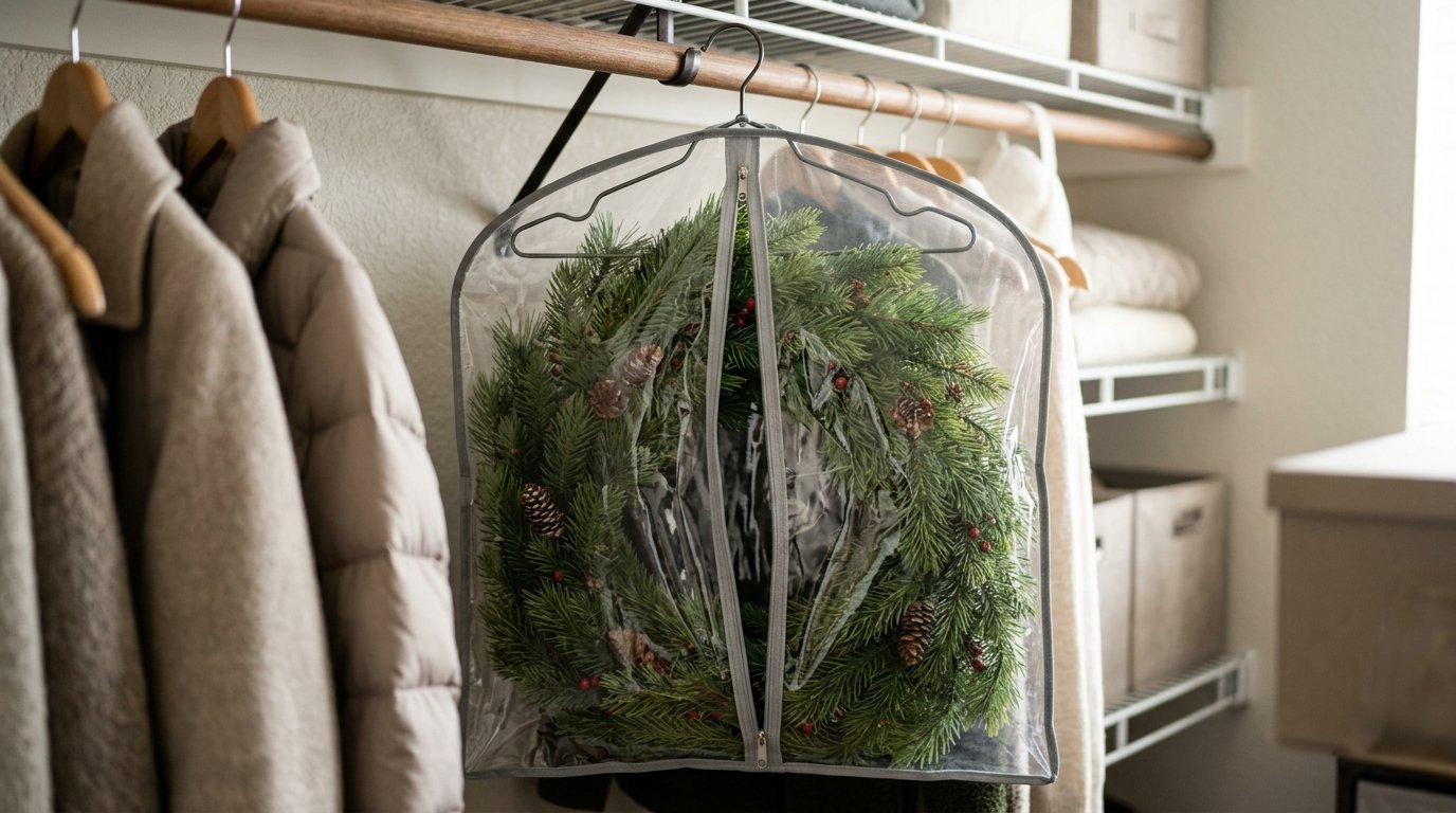 A coiled Christmas garland stored in a clear garment bag hanging in a closet.