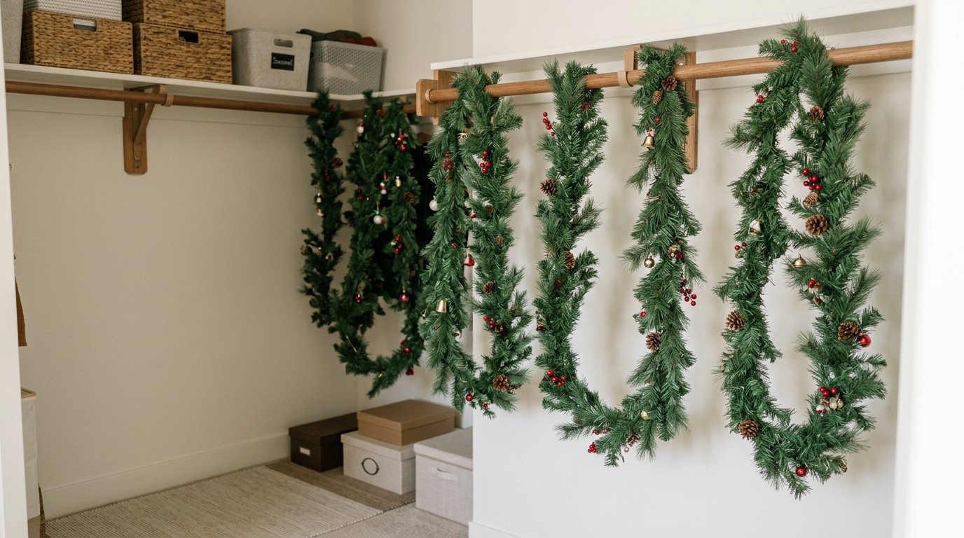 Christmas garland hangs in loose loops from a closet rod.