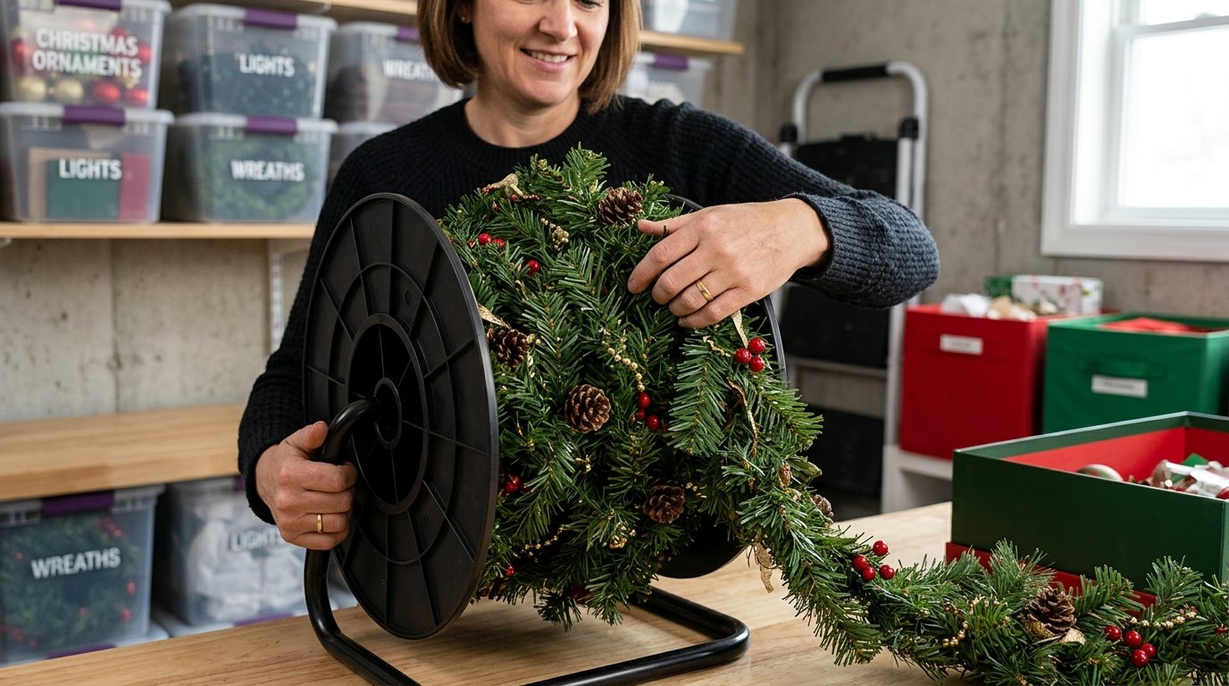 A person winds a green Christmas garland around a large storage reel.