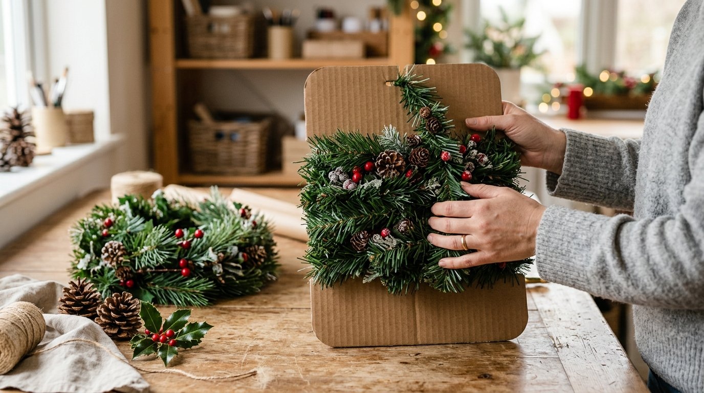 Hands wrap Christmas garland around a sturdy cardboard organizer.