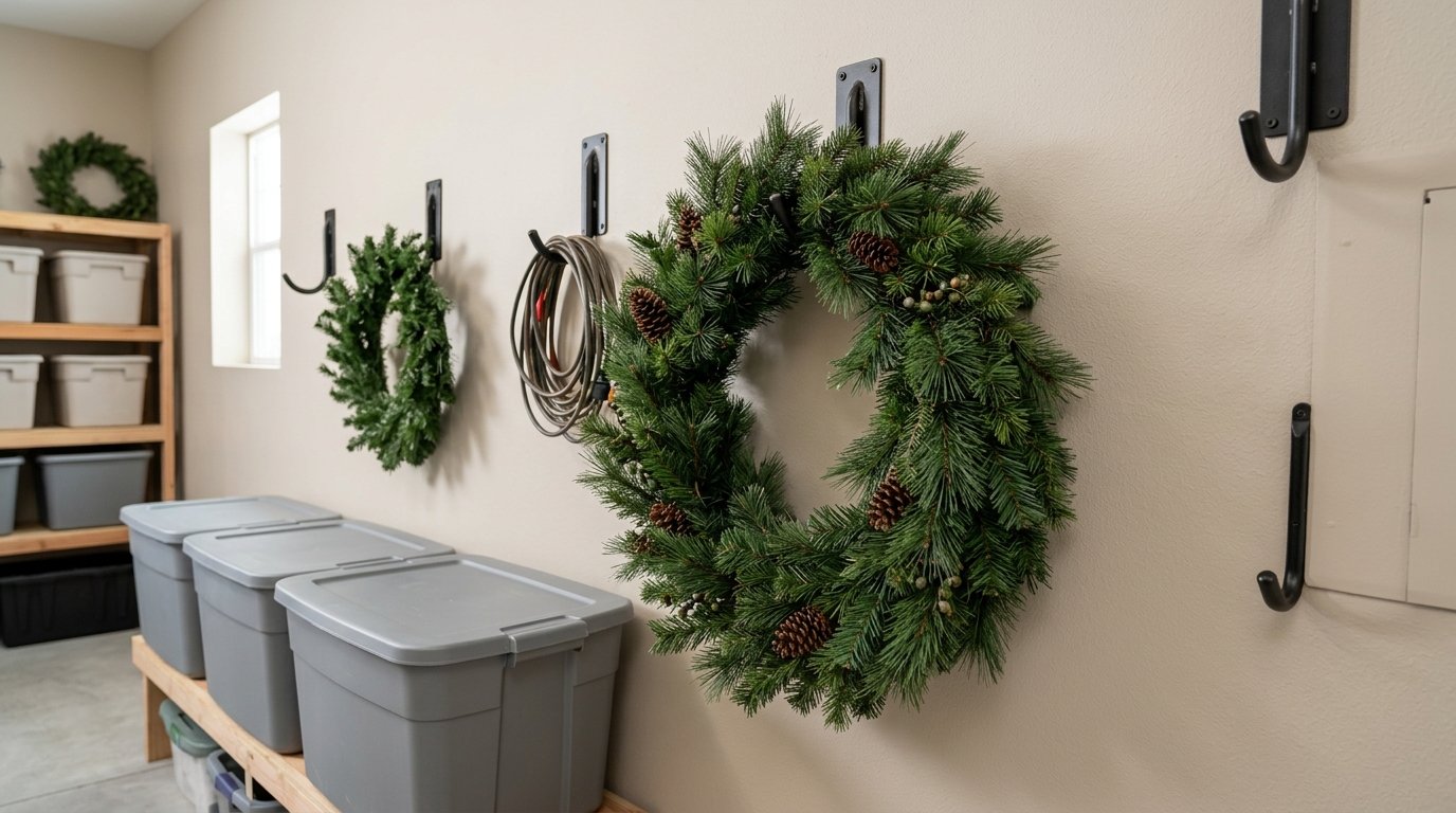 A Christmas garland hangs neatly from a sturdy hook in an organized storage room.
