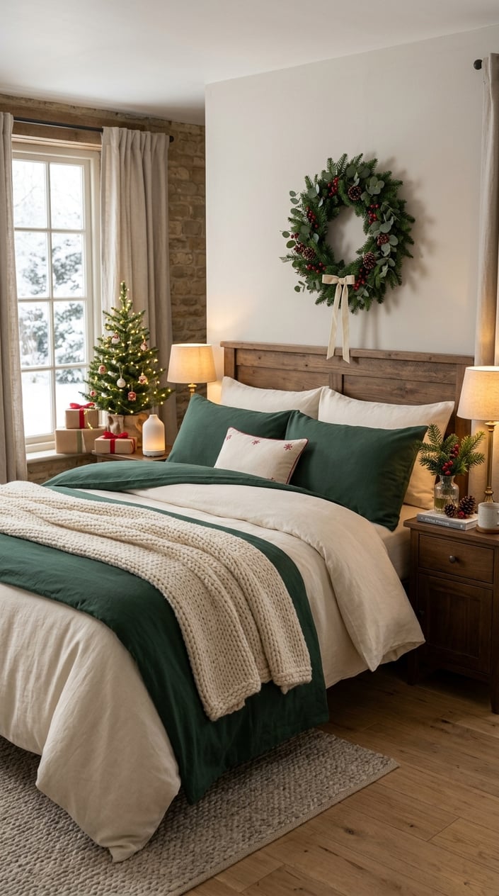 A bedroom decorated for Christmas with festive bedding, evergreen accents, lights, and wrapped gifts.