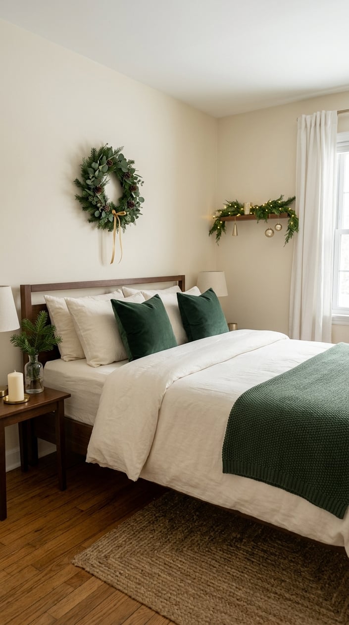 A bedroom decorated for Christmas with green and ivory bedding, a wreath, and simple greenery.