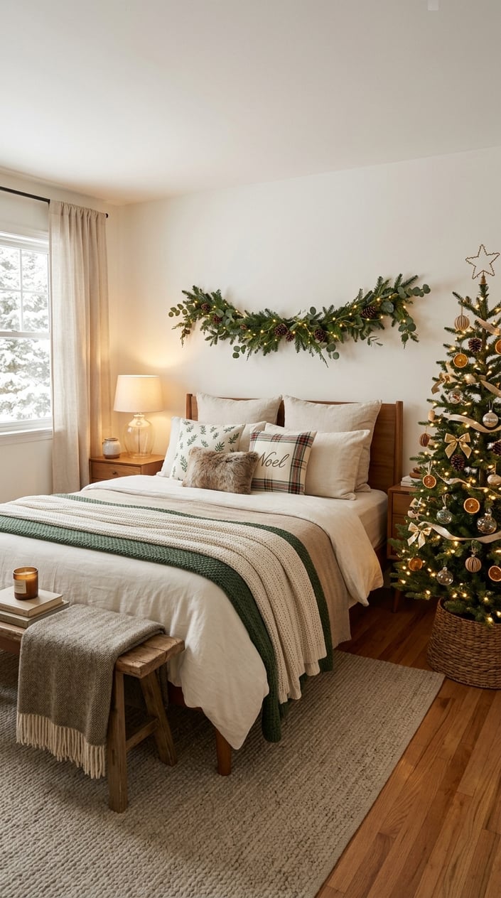A cozy bedroom decorated for Christmas, with a festive bed, warm lights, and a decorated tree.